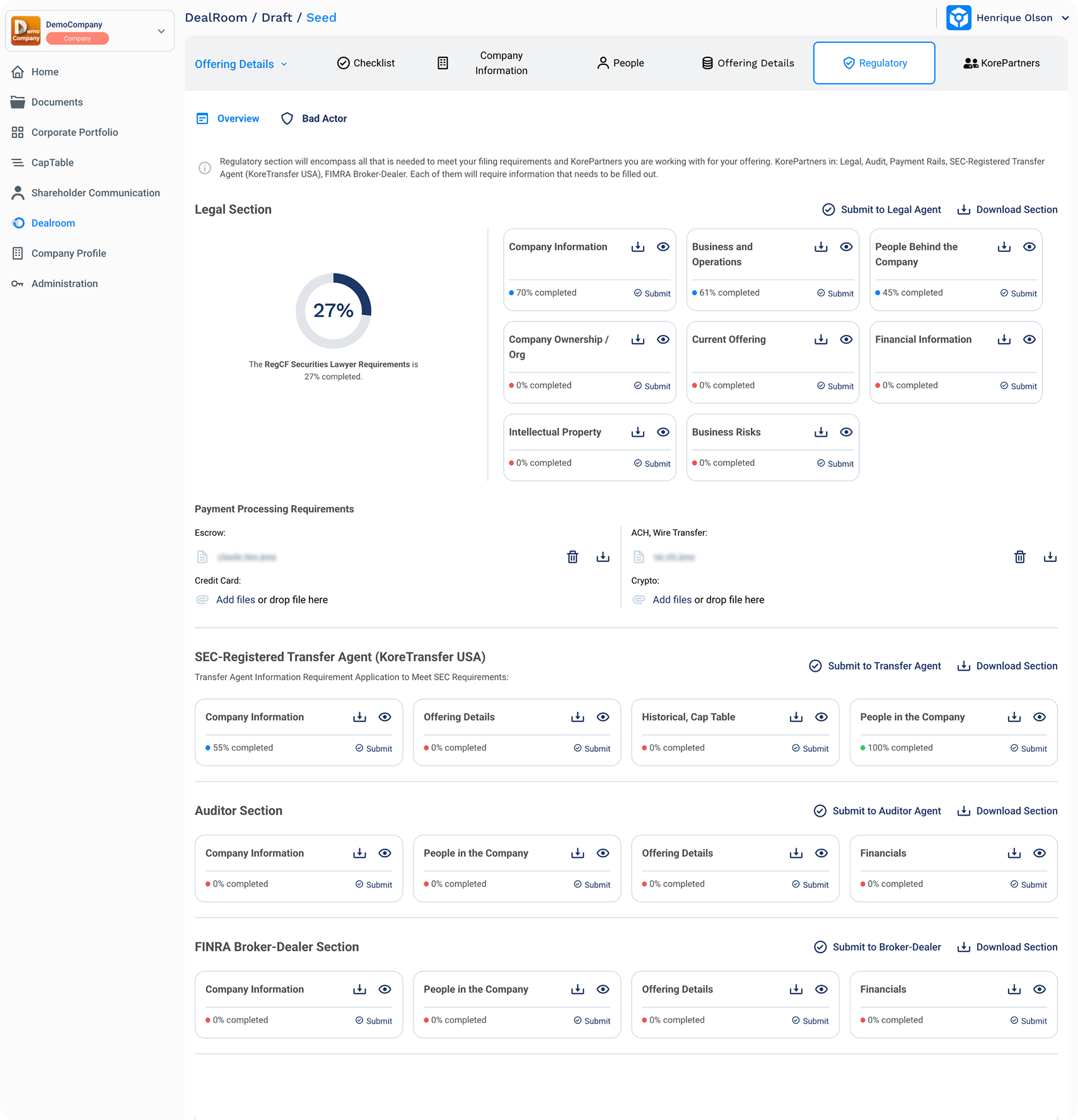 DealRoom regulatory screen with many sections, forms, cards, and completion indicators.