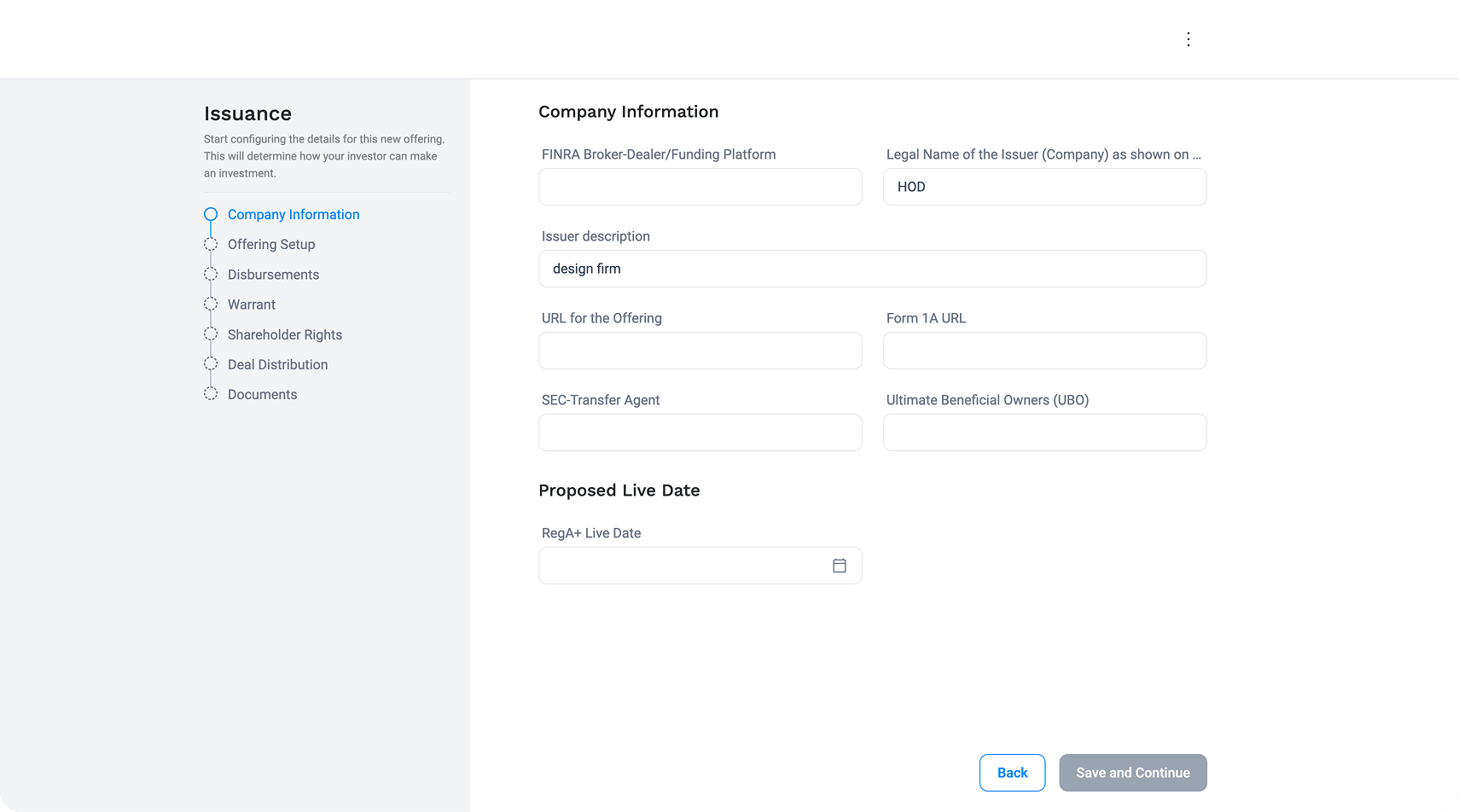 New Issuance wizard with a step list and a focused Company Information form.