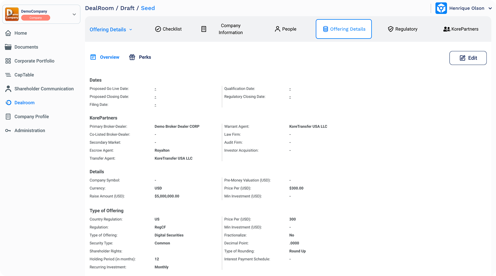 Old DealRoom offering setup with a dense sidebar, tabs, and a long overview of information.